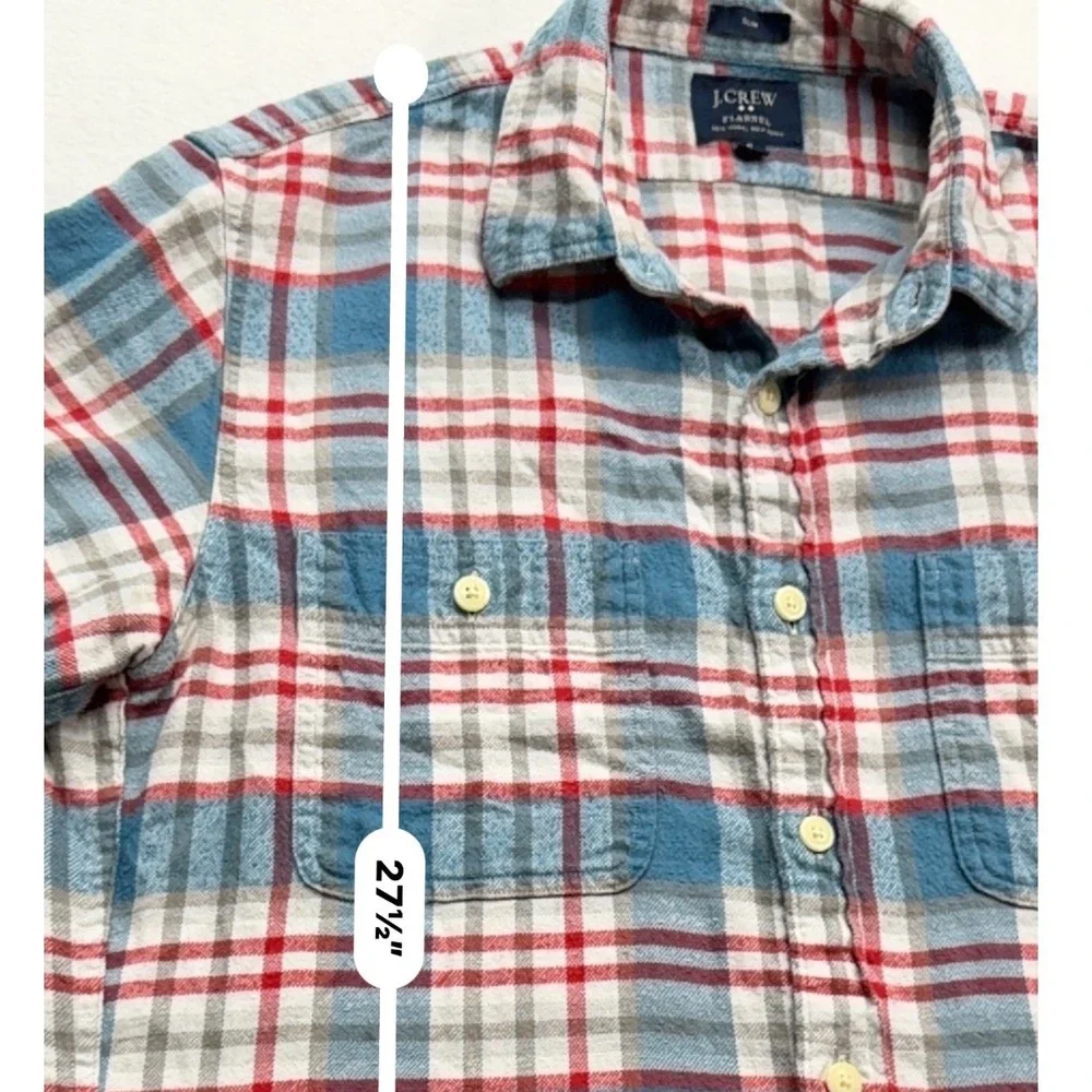 J. Crew Slim Plaid Flannel Button Down Shirt Mens Medium Blue Red